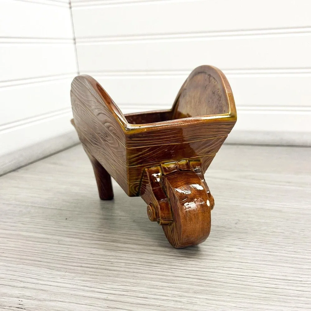 1974 Ceramic Wheelbarrow Plant Holder - Vintage Handmade Rustic Vase Signed Jo‎
